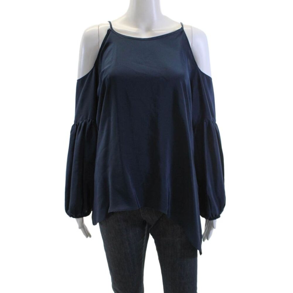 Aum-Couture Womens Silk Halter Cold Shoulder Long Sleeve Top Blue Size S
